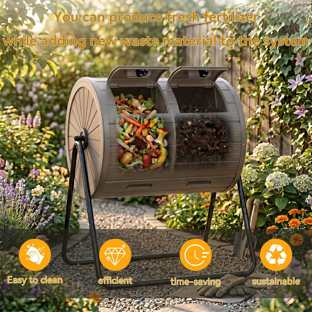 Compost Bin Outdoor 37.5 Gallon Gray | All-Season, Dual Chamber Tumbling, For Garden, Kitchen, Yard, Outdoor