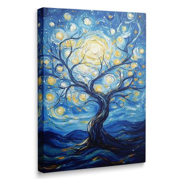 Framed Van Gogh Canvas Wall Art Set, Colorful Abstract Tree of Life & Starry Night Paintings, Boho Wall Decor, Blue