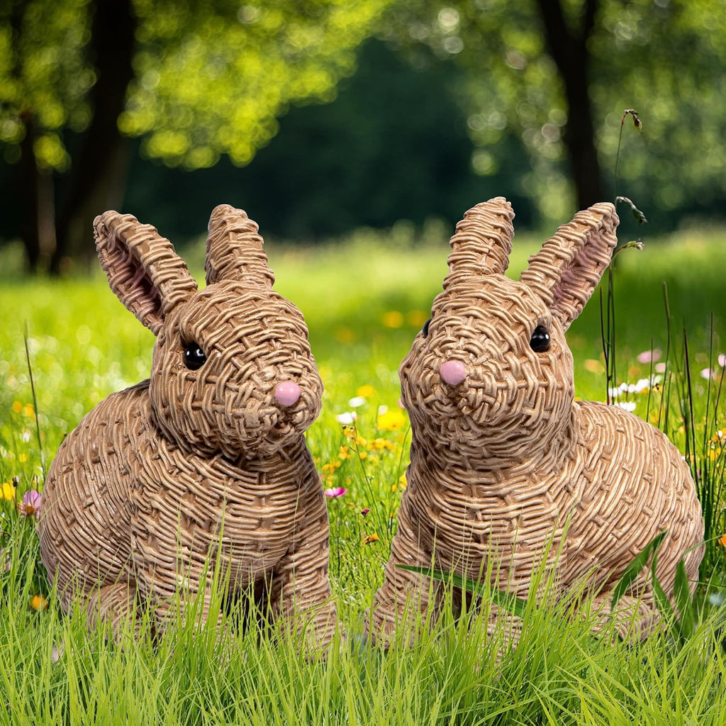 Woven Easter Bunny Figurines - 4.8" Tall White Rabbit Resin Sculptures with Handcrafted Wicker-Style Design - Set of 2