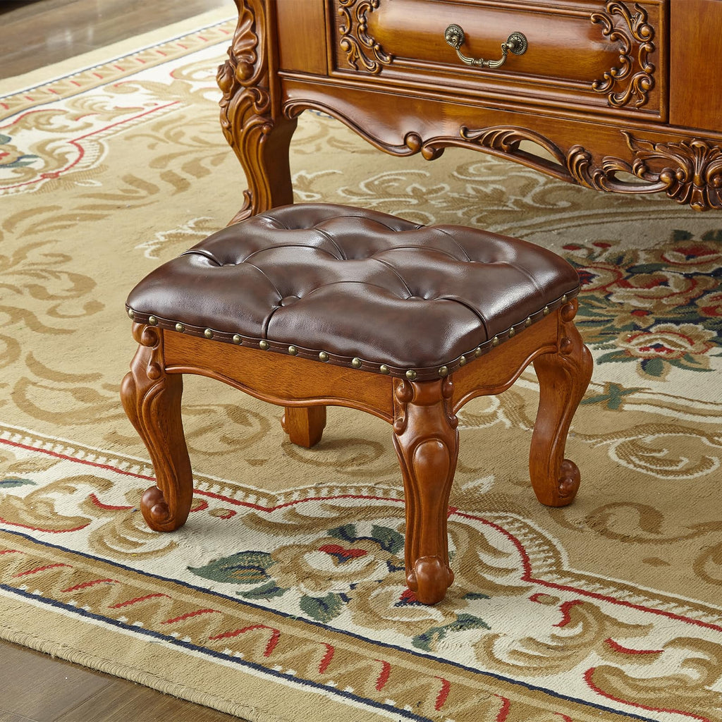 Solid Wood Footstool with Microfiber Leather Seat (Retro Brown)