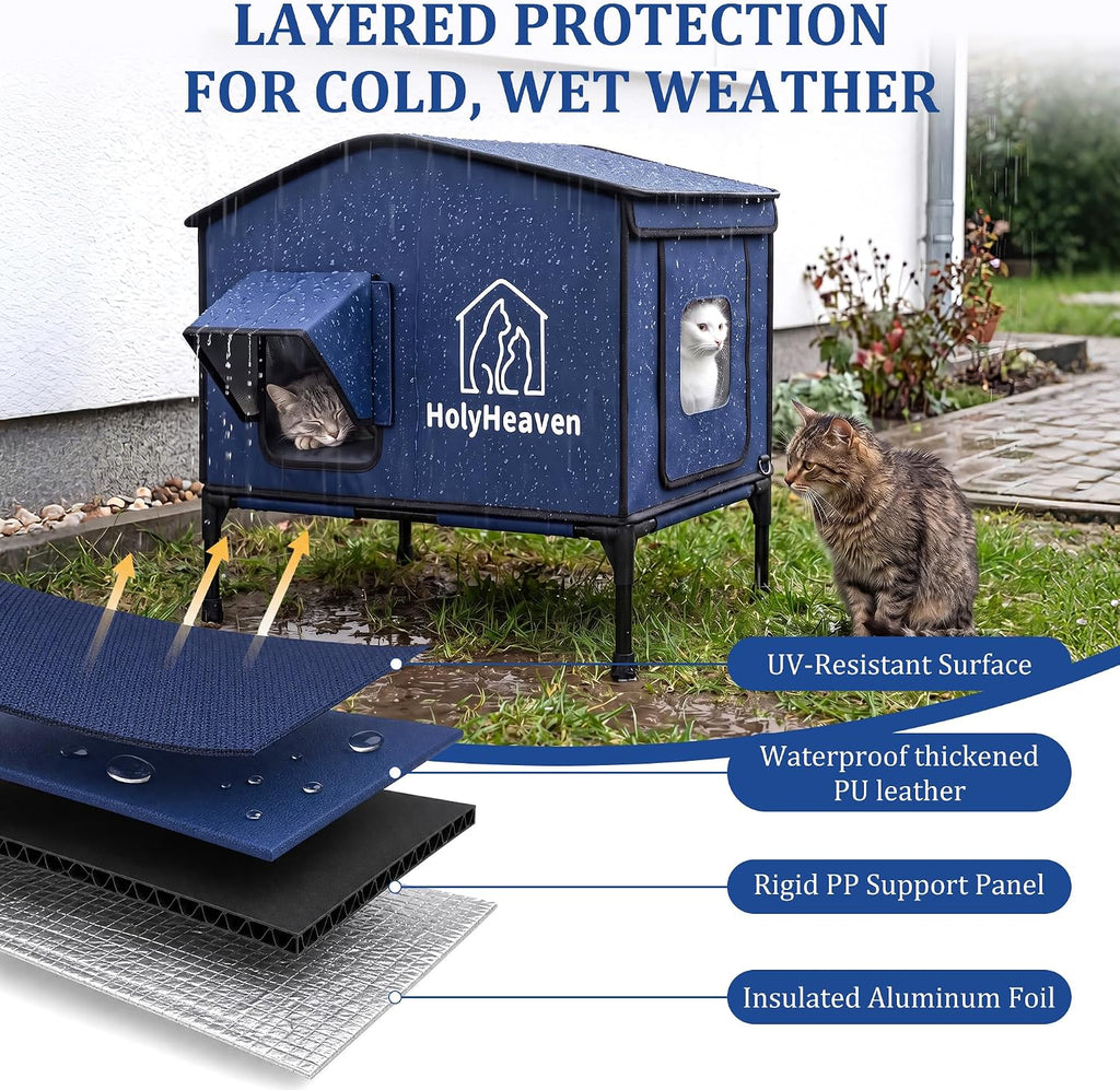 Extra Large PU Leather Heated Cat House for Outside, Waterproof Cat Houses for Outdoor Cats with Heating Pad & Escape