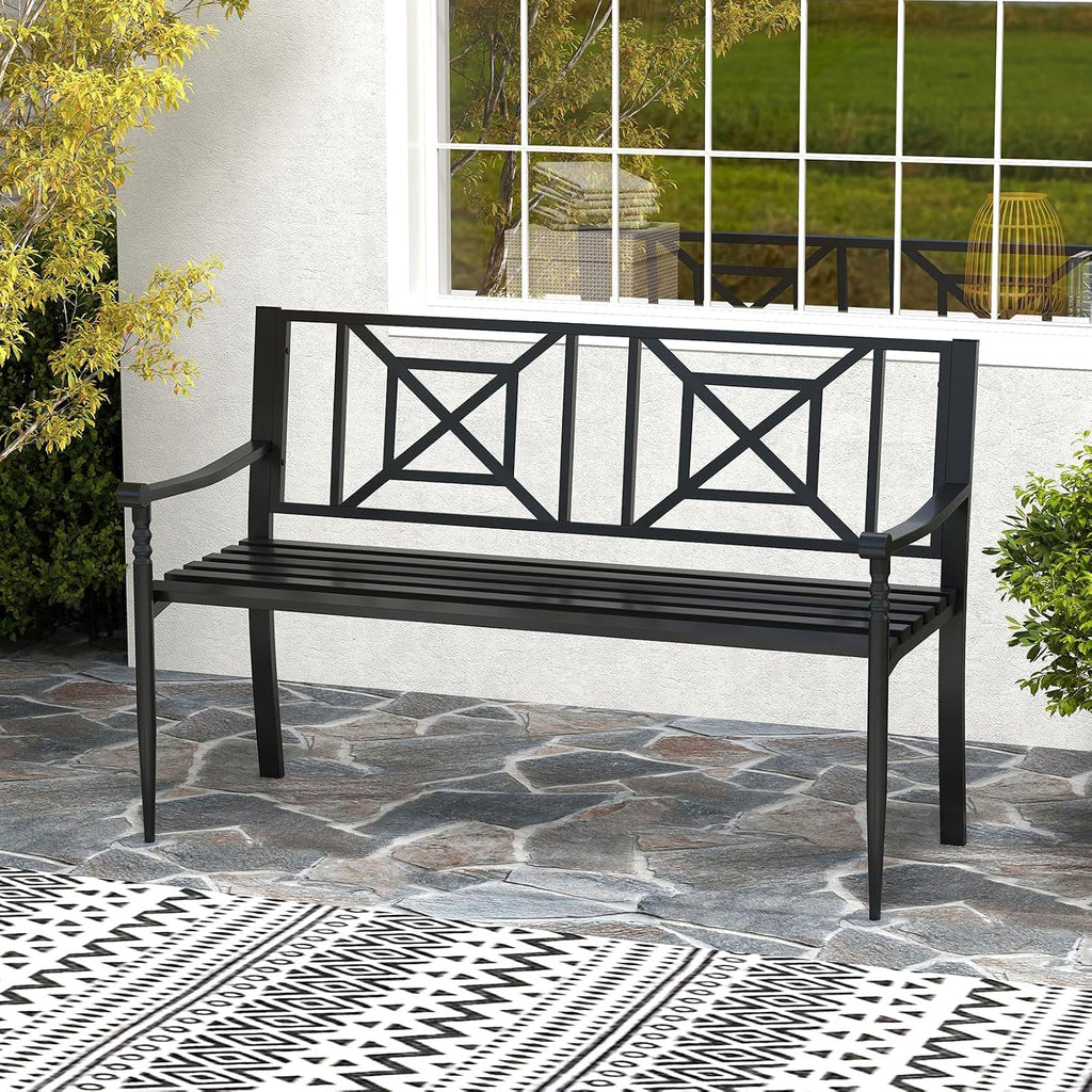 Metal Outdoor Bench with Backrest, Curved Armrests, Non-Slip Foot Pads, Slatted Seat for 2-3 Persons, Load 660lbs