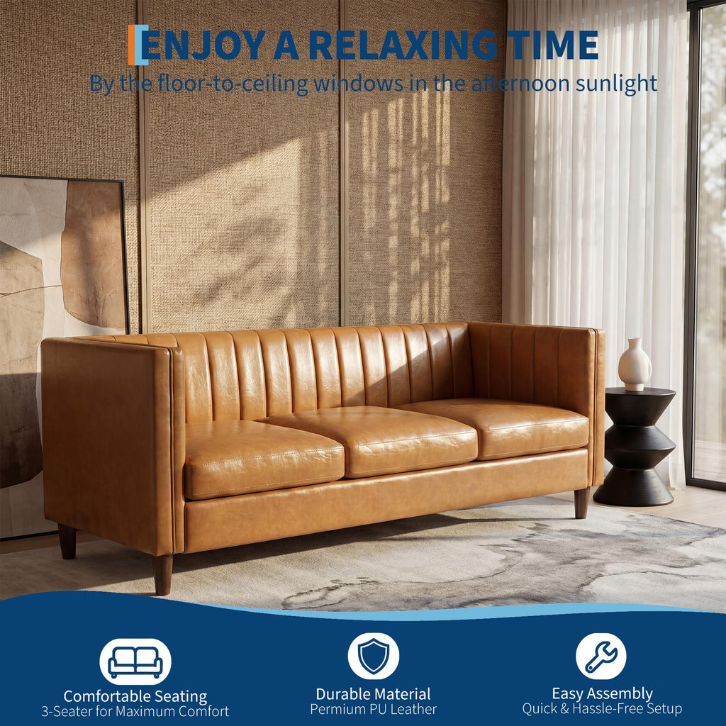 81" PU Leather Sofa, 3-Seater Couch, Cognac Tan