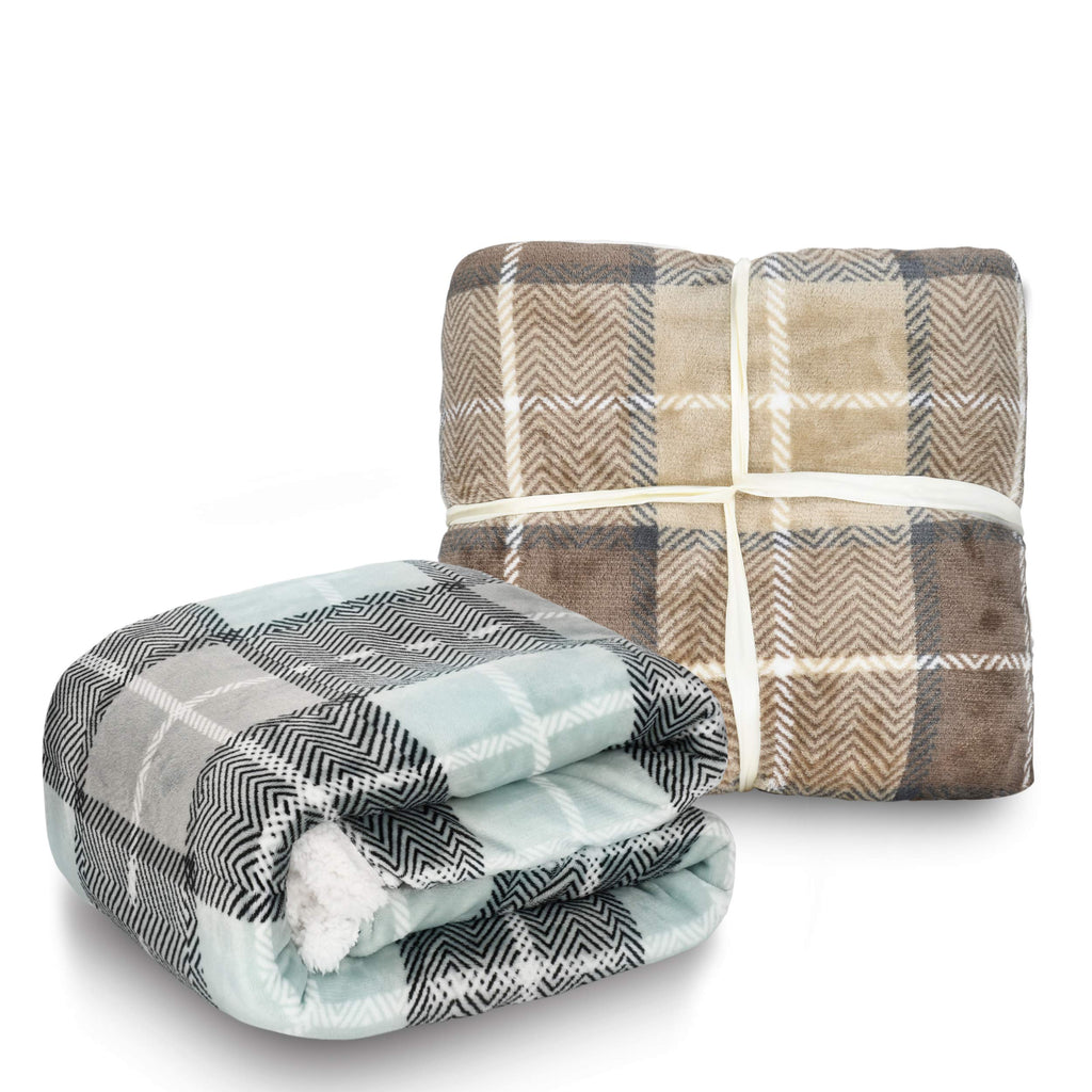 Beige Buffalo Plaid Decorative Throw TV Sherpa Blanket 50" x 60"
