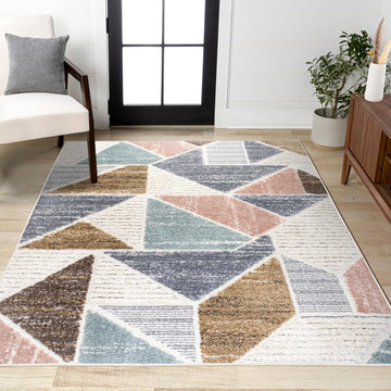 Colorblock Carved High-Low Multi Indoor Area Rug 3X5 ft, Aileen Geometric Scandi, Easy-Cleaning, High Traffic