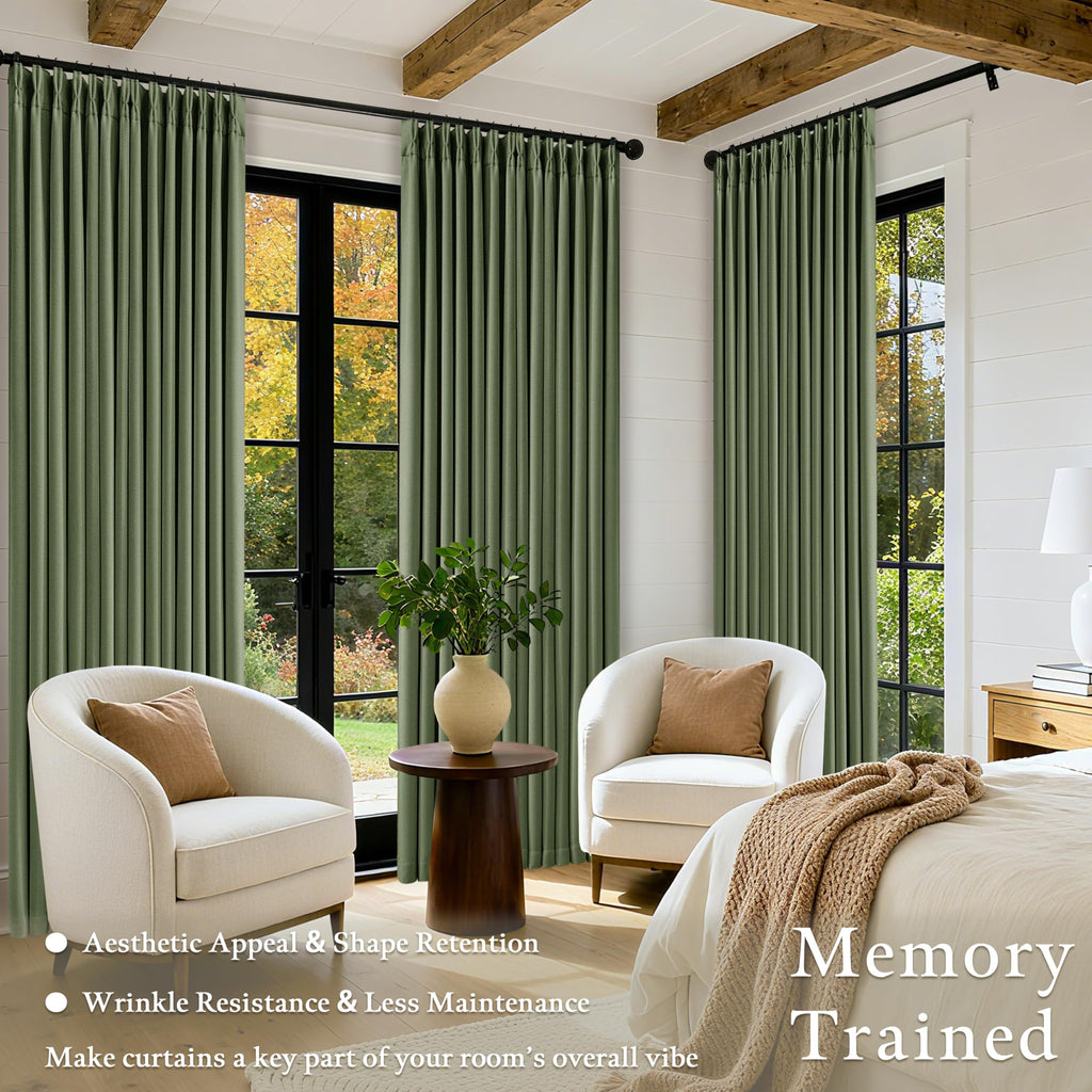 84 Inch Olive Green Linen Pinch Pleated Blackout Curtains Dual Layer