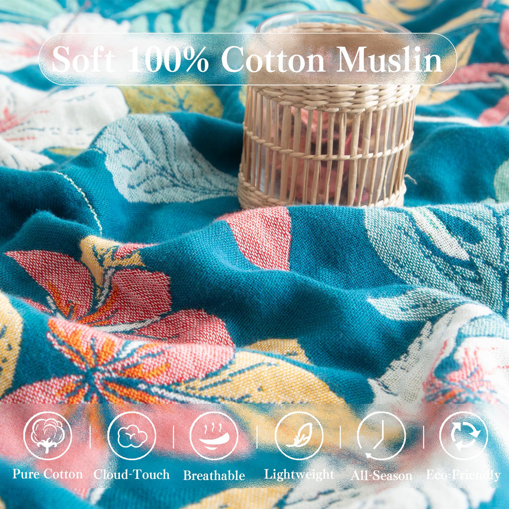 Boho Throw Blanket Twin Size, Soft Cozy Cotton Muslin Quilt Blanket for Bed Decor, Floral Patterned Couch Sofa Chair