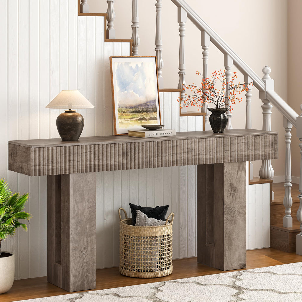 63-Inch Long Entryway Console Table with a Fluted Design, Thick Wood Farmhouse Sofa Table Behind Couch, Narrow