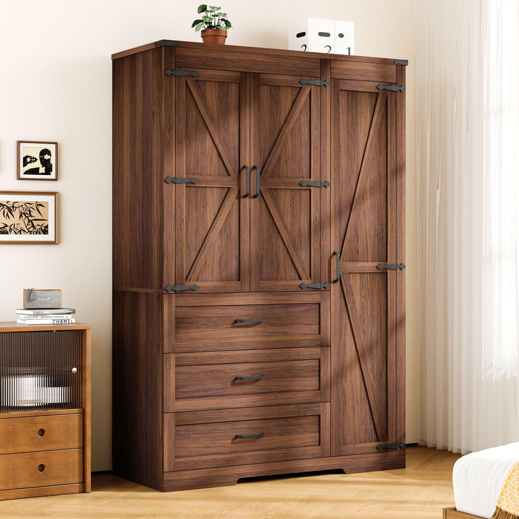 70" Tall Wardrobe Closet with 3 Doors & 3 Drawers, Farmhouse Armoire with Hanging Rod, Wooden Armoire Wardrobe Closet