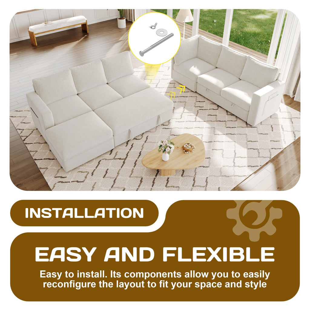 106.7" U-Shaped Modular Sectional Sofa with Pull-Out Bed & Storage, Modern 7-Seat Convertible Couch, Comfy L-Shape