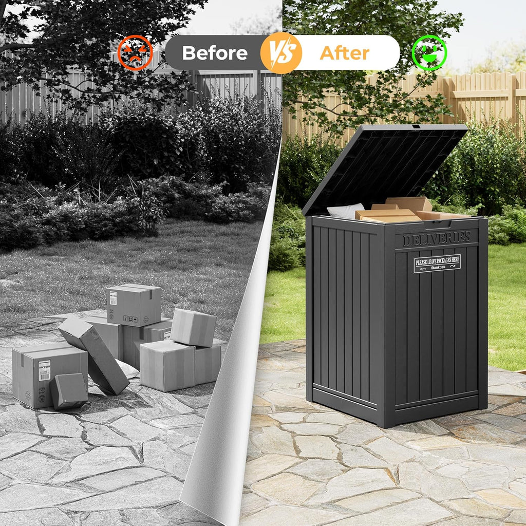 Package Delivery Box With Sign, Lockable Outdoor Storage Box Waterproof Deck Box
