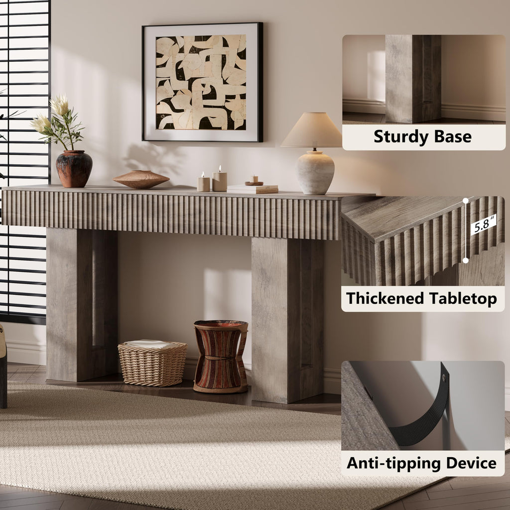 63-Inch Long Entryway Console Table with a Fluted Design, Thick Wood Farmhouse Sofa Table Behind Couch, Narrow