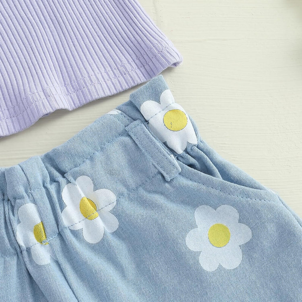 Toddler Baby Girl 2Pcs Knit Ribbed Ruffle Short Sleeve Floral Print Tops + Shorts Set Outfits