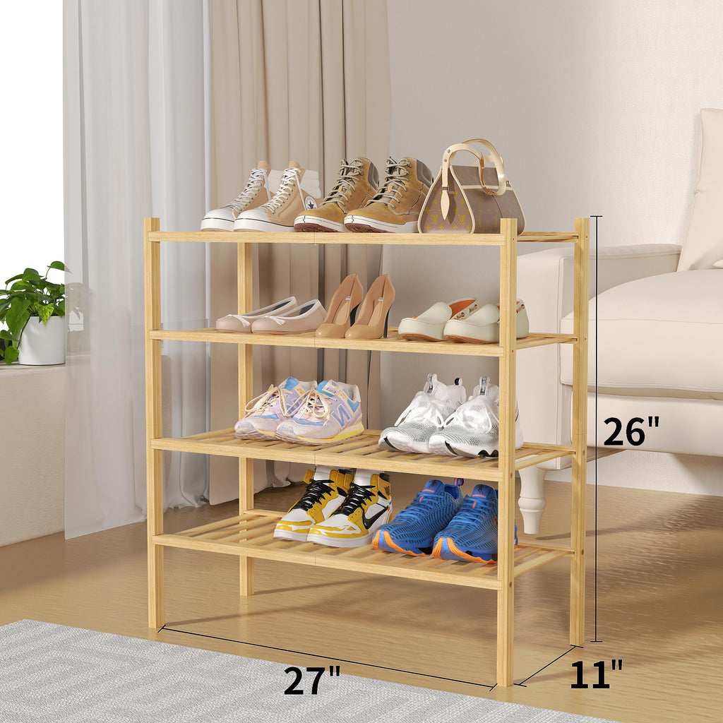 4 Tier Bamboo Shoe Rack for Closet Free Standing Wood Shoe Shelf Small Space Stackable 27"x11"x26" (Natural)