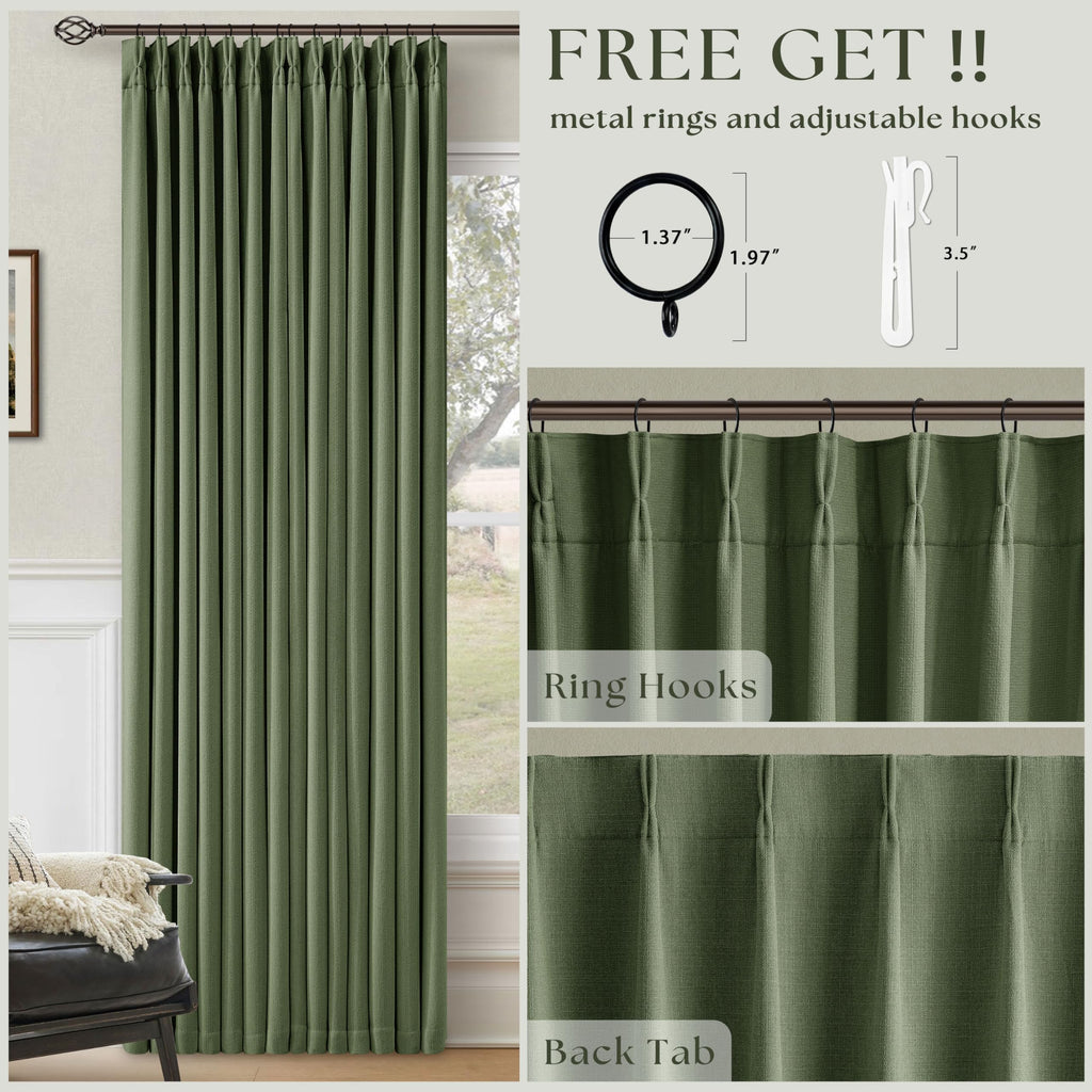 84 Inch Olive Green Linen Pinch Pleated Blackout Curtains Dual Layer