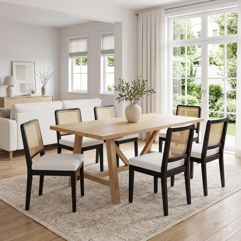 Modern Farmhouse Rattan Dining Chairs Set of 6, Beige Linen Upholstered Dining Room Chair with Cane Back Mid Century