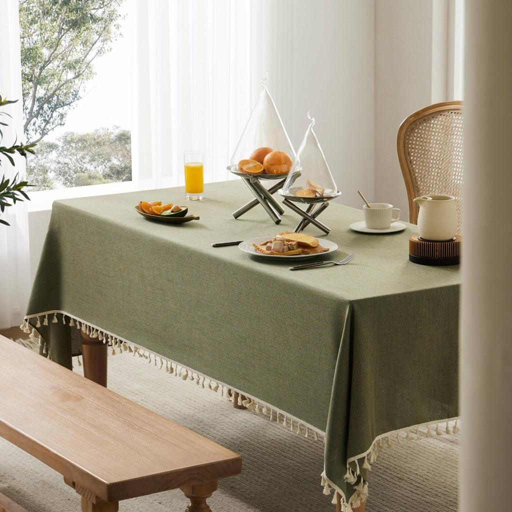 Tassel Linen Square Table Cloth, Olive 60x60 Inch