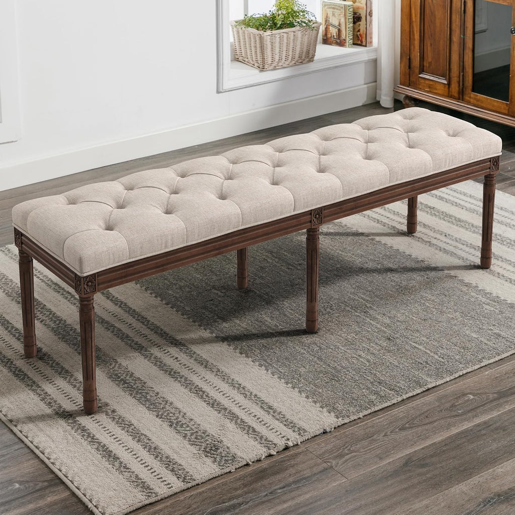 60" Fabric End of Bed Bench, Upholstered Tufted French Bedroom Bench with Carved Dark Brown Legs End of King Size