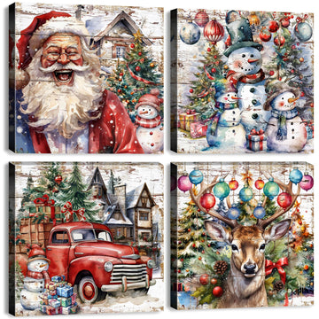 Christmas Pictures Wall Decor Santa Claus Snowman Wall Art Xmas Decorations Vintage Watercolor Deer Elk Posters