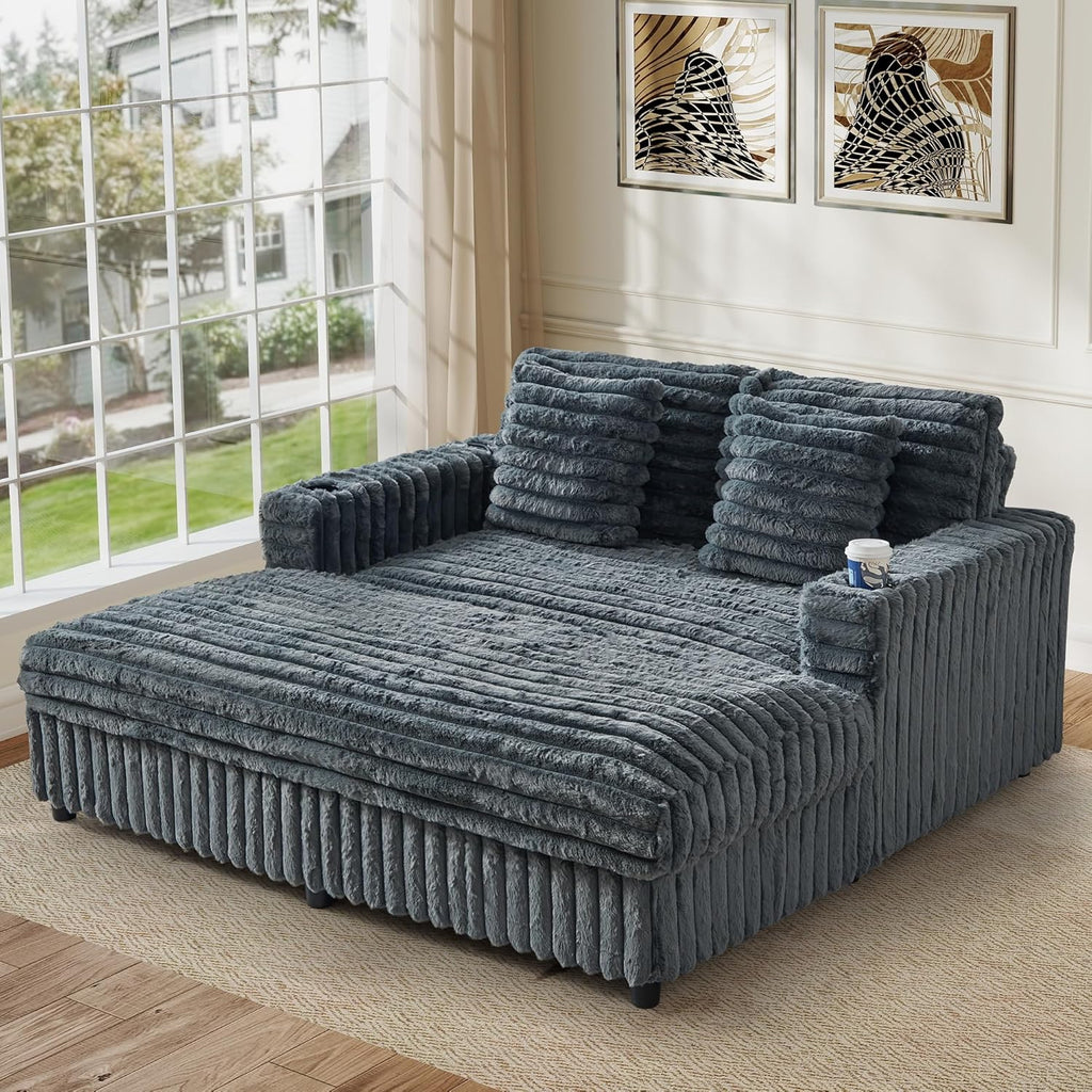 60.43'' Oversized Chaise Lounge Chair Indoor, Grey | Plush Faux Rabbit Fur, Sleeper Sofa Bed with 4 Pillows, Charging