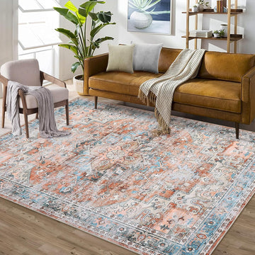 Machine Washable Area Rug 5x7 Vintage Distressed Area Rug Bedroom Traditional Medallion Floral Non-Slip Stain