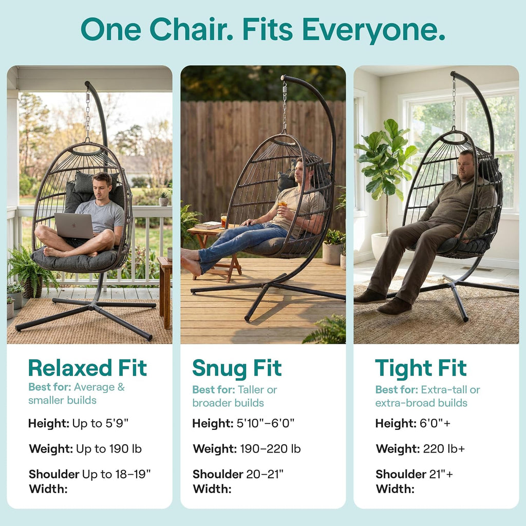 Hanging Egg Chair with Stand - Wicker Rattan Outdoor Swing Chair, Powder-Coated Steel Frame, Padded Cushion &