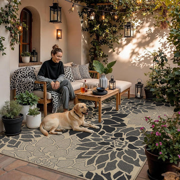 Black Easy Jute Outdoor Rug Floral Farmhouse Carpet