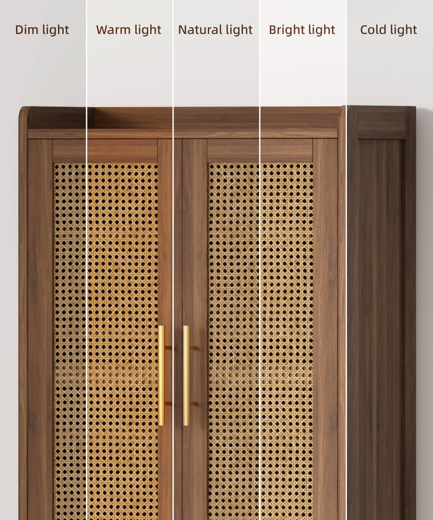 Rattan Shoe Cabinet with Doors & Adjustable Shelves, Walnut
