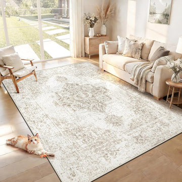 5x7 Area Rugs, Washable Vintage Boho Neutral Medallion Rug Non Slip Low Pile Floor Carpet Nursery Dining Room