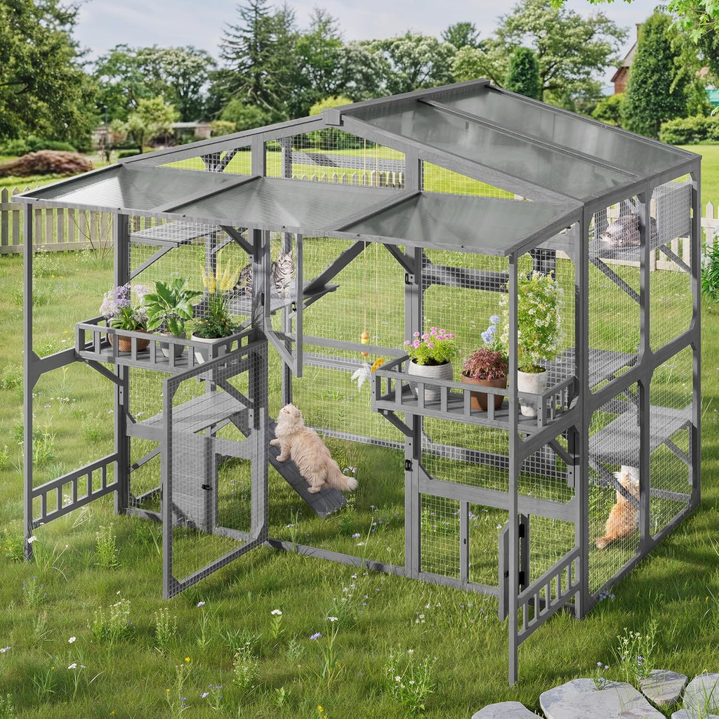 Extra Large Outdoor Catio for Multi-Cats (6-10 Cats) - Metal Cat Cage with Weatherproof Sunroof, 6 Platforms