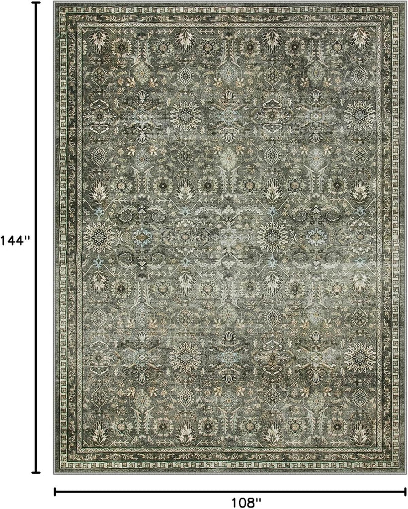 Mirae Large Dark Olive Green Area Rugs, Washable Area Rugs 9x12 Living Room, Boho Bedroom Mats Under