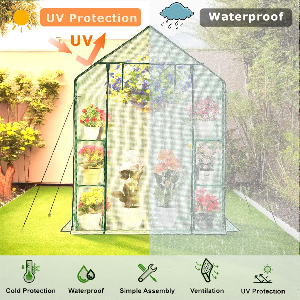 Walk-in Greenhouse for Outdoors w/ Mesh Side Windows, 3 Tiers 6 Shelves PE Cover Green House Portable Warm House for