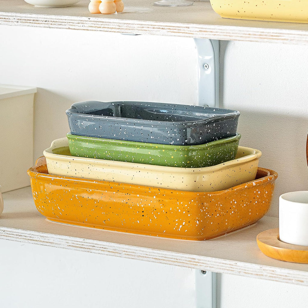 Ceramic Dish Set of 3 (13.8''/12''/9.6''Orange) | Oven-Safe Stackable Deep Rectangular Lasagna Pan with Handles, Up