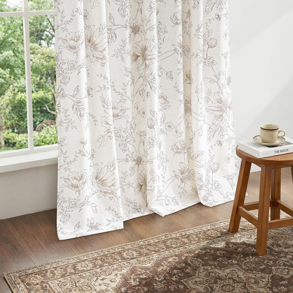 Light Brown Floral Linen Pleated Curtains 84 Inch Long for Bedroom Light Filtering Farmhouse Vintage Peony Lily