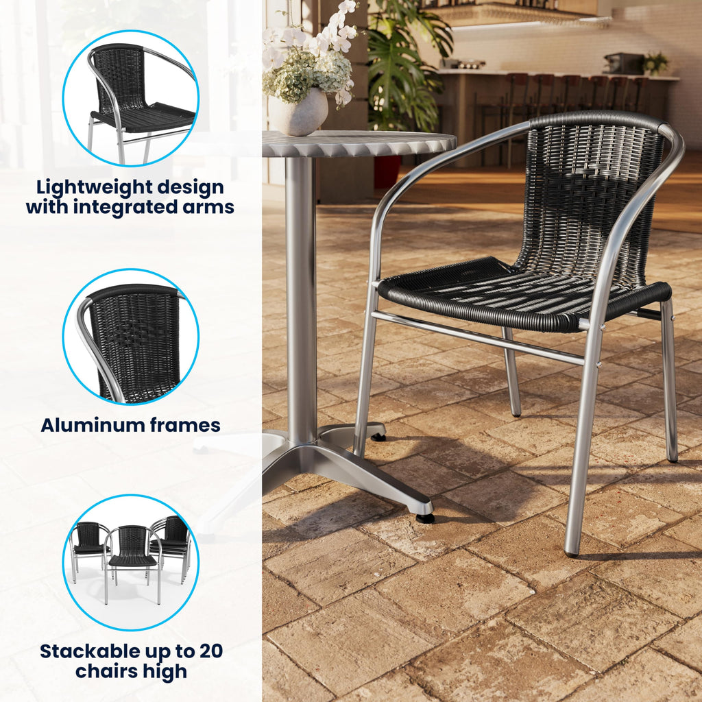 Lila 4 Pack Commercial Aluminum and Black Rattan Indoor-Outdoor Restaurant Stack Chair