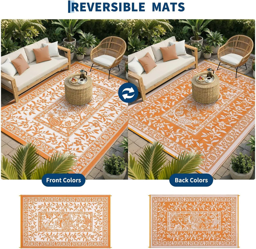 Outdoor Rug Waterproof Reversible Foldable Plastic Straw Orange