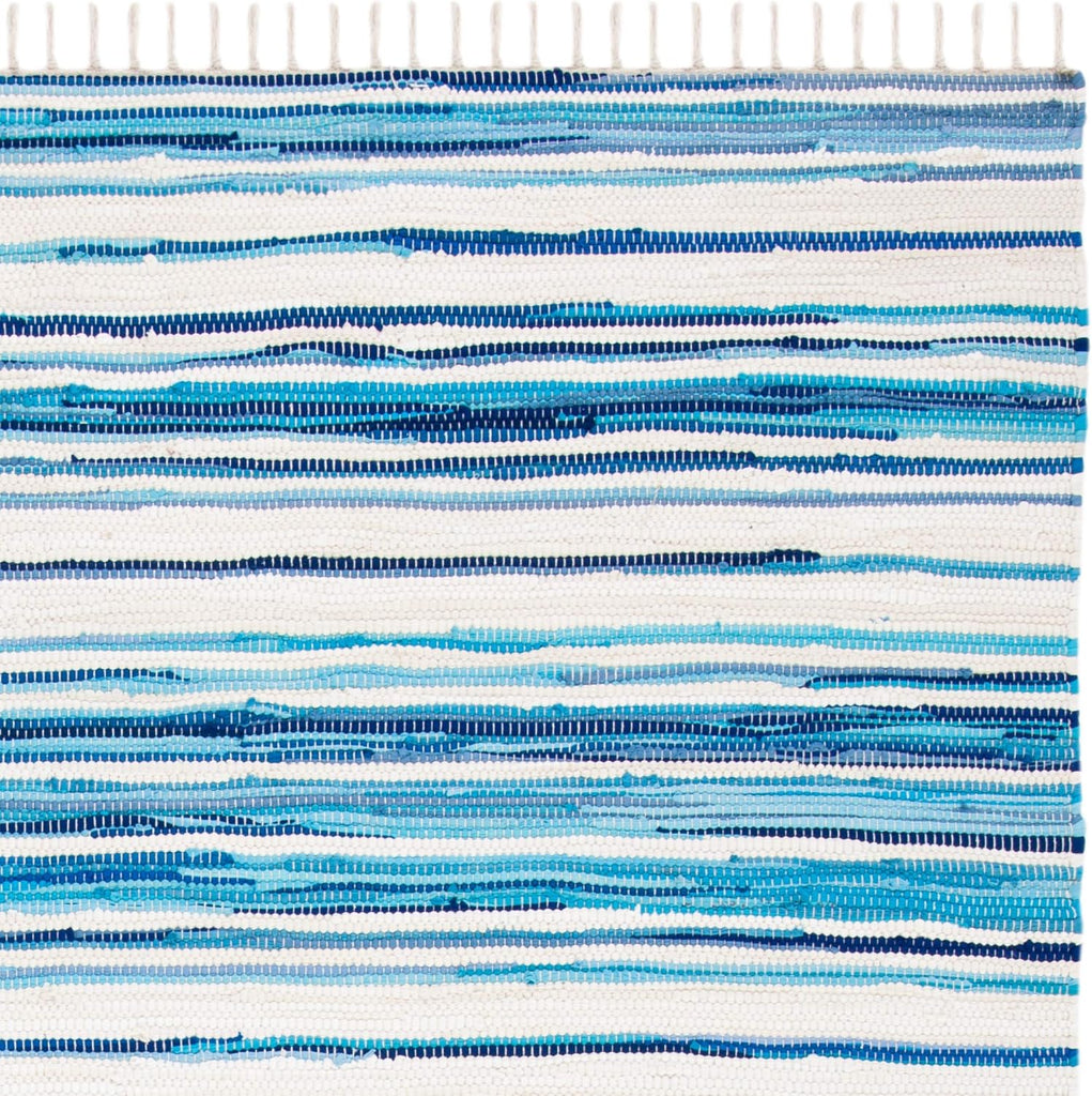 Area Rug 8x10 - Rag Collection - Large - Ivory & Blue, Handmade Cotton, Boho Stripe Pattern, Ideal, Dining Space