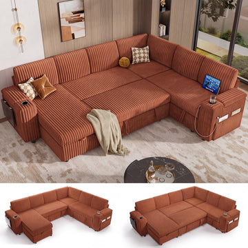 111" Modular Sectional Sleeper Sofa with Pull Out Bed, 7 Seat Plush Corduroy L Shaped Couch with Storage Chaise|USB