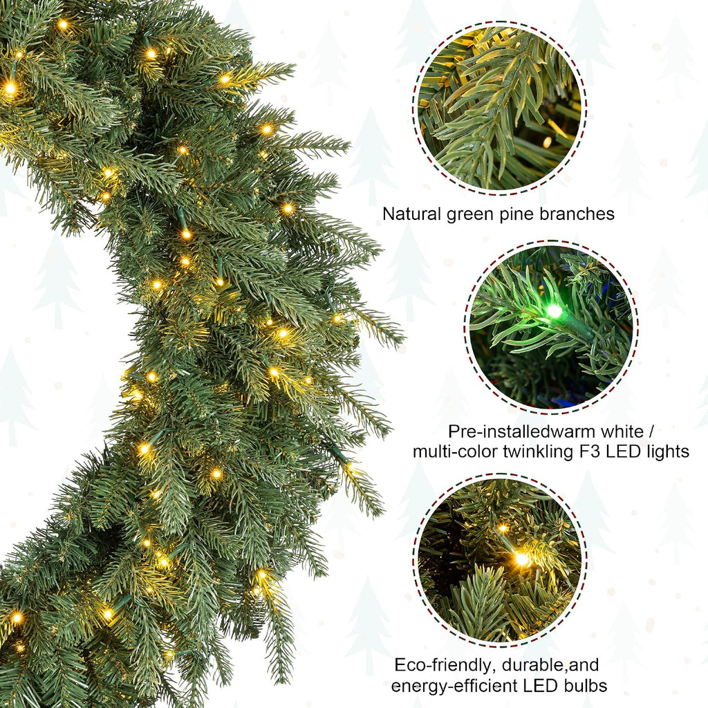 3 Pack 32"D Pre-Lit Artificial Christmas Wreath, Greenery Pine Wreath and Matching Set of 2 9ft Christmas Garlands