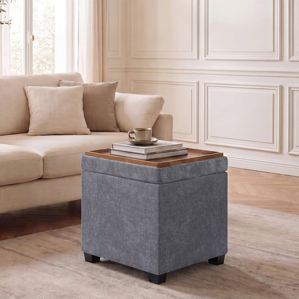 15 inch Square Storage Ottoman with Tray Lid, Modern Tufted Fabric Cube Coffee Table with Storage, Upholstered Ottoman