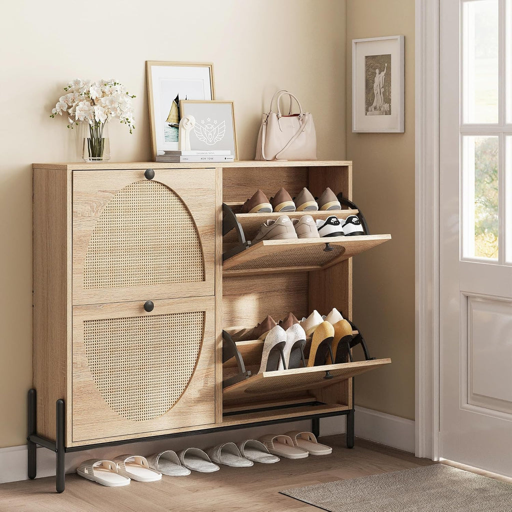 Rattan Shoe Cabinet Storage with 4 Flip Drawers, Freestanding Shoe Storage Organizer Cabinet , Narrow Shoe Rack