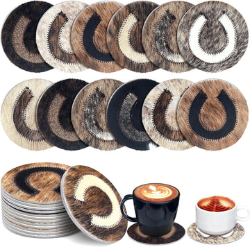 Cowhide Coasters - 4.3" Round Natural Leather Western Drink Coasters Assorted Horseshoe Print for Tea Cup - Set of 12
