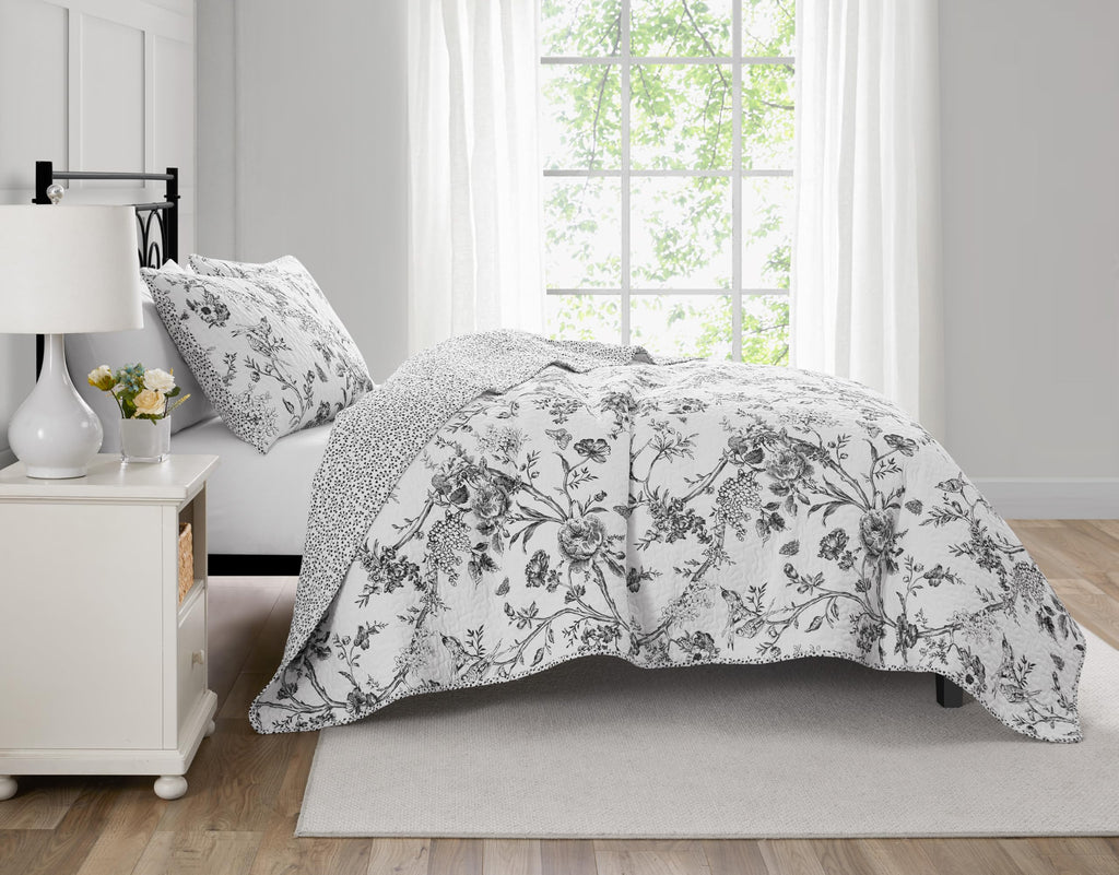 Resort Chantilly Toile Floral Black 3-Piece All-Season Reversible Cotton Quilt Set
