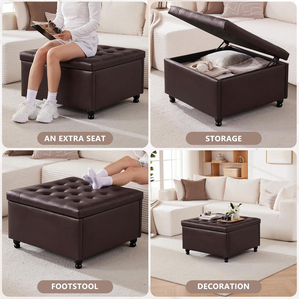 30" Large Square Ottoman with Storage, Leather Ottoman Coffee Table, Brown | Tufted Upholstered Ottoman , Oversized
