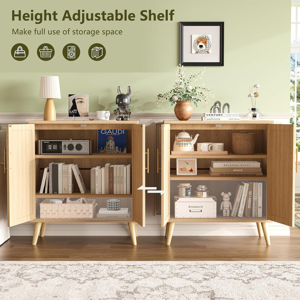 15.7" D Rattan Storage Cabinet with 2 Doors & Adjustable Shelf | Accent Buffet Sideboard Cabinet with Solid Wood