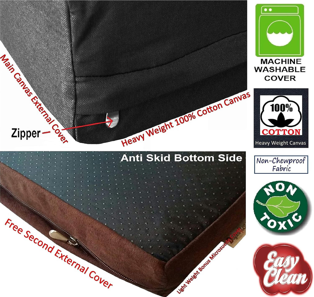 Large Orthopedic Memory Foam Pet Bed with Heavy Duty Black Canvas Cover, Waterproof Liner, and Extra Replacement