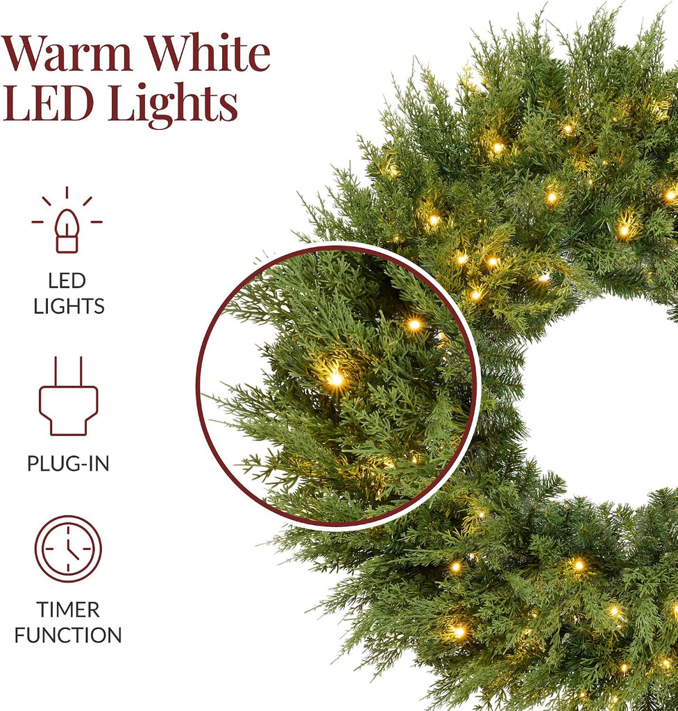 Pre-Lit Cedar Cypress Christmas Wreath w/Twinkling LEDs, 48in Realistic Large Indoor/Outdoor Holiday Decor for Door