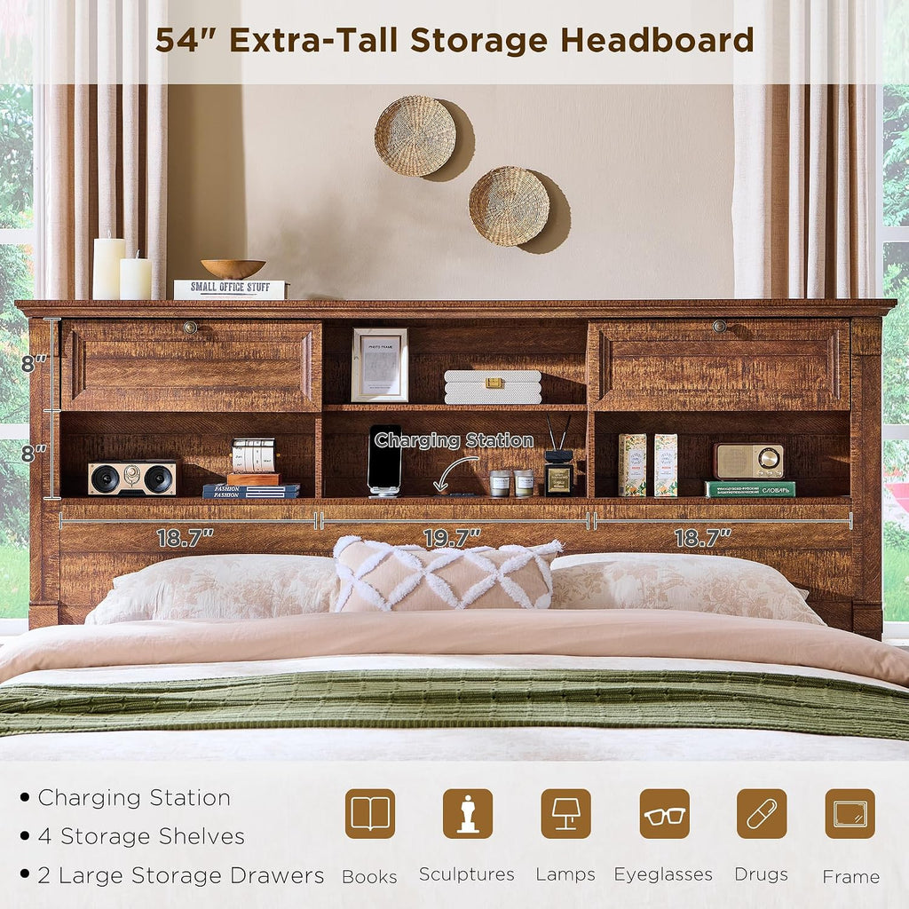 Farmhouse Queen Bed Frame with 54" Tall Storage Bookcase Headboard, Wood Platform Bed Frame with 18" Tall Roman