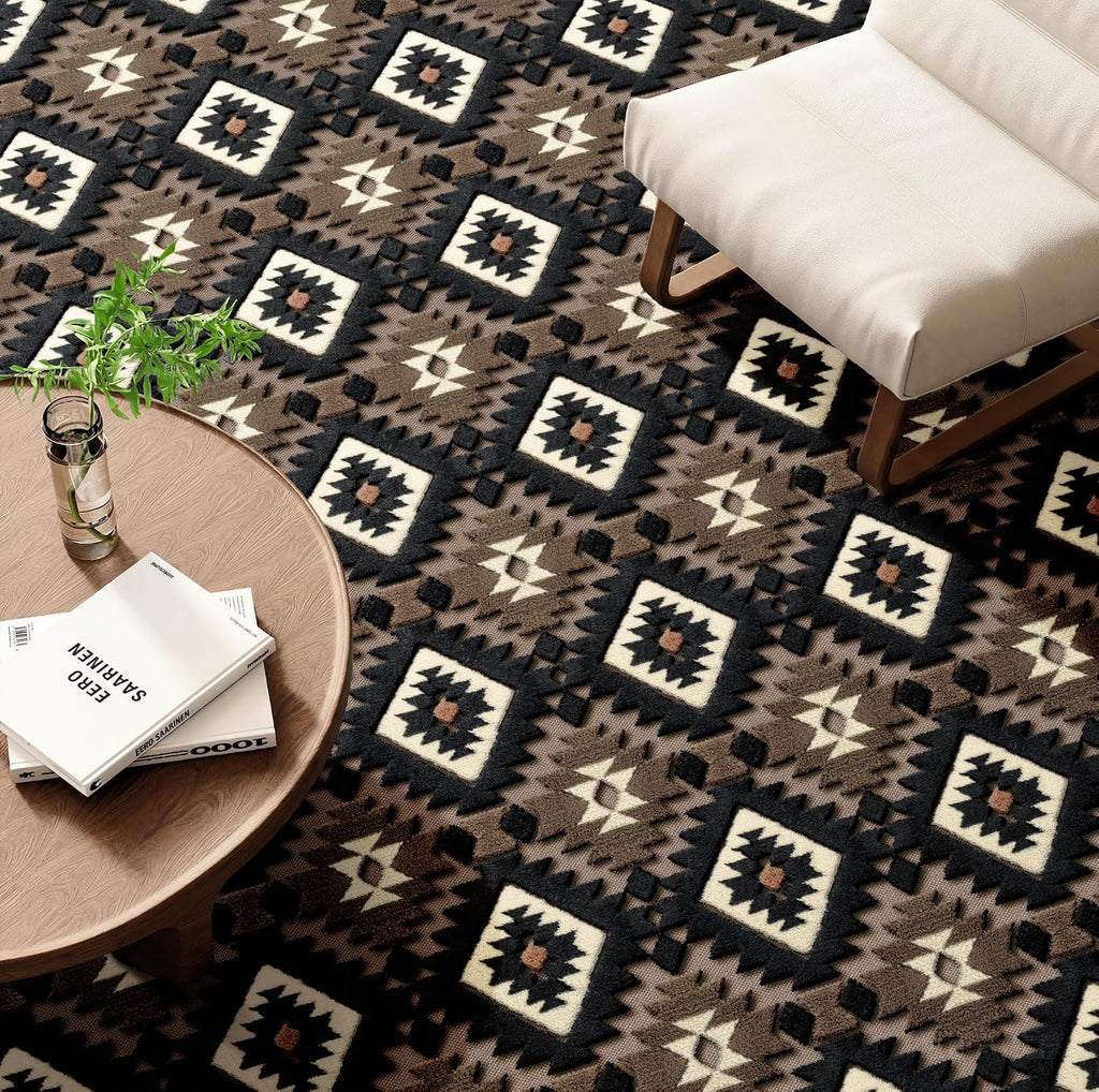 Brown Aztec 8x10 Area Rugs High-Low Plush Pile Western Washable Rug