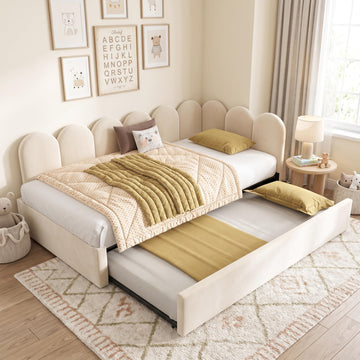 Modern Upholstered Sofa Day Bed with Trundle Bed, Floor Platform Bed Frame with Headboard, No Box Spring Needed/Easy